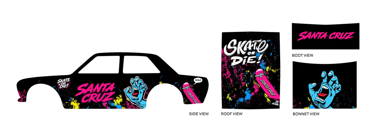 Santa Cruz 01 placement preview for a 1:64 510 Sedan, with pink SANTA CRUZ lettering, blue
screaming-hand art and neon paint splashes; pink skateboards and white SKATE OR DIE lettering.
