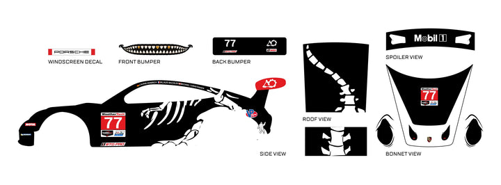 Skeleton Roxy preview for a 1:64 Porsche 911 GT3 RS: white dinosaur bones on black, number 77 and
a tooth-filled front bumper
