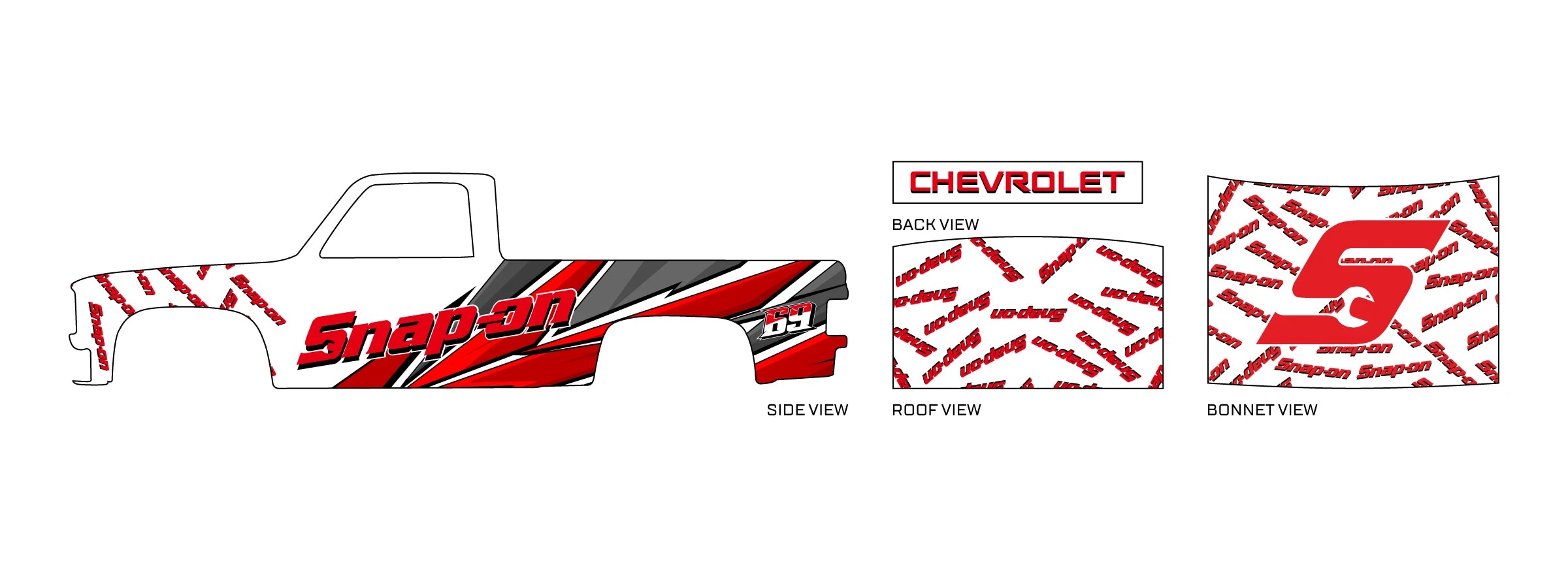 Snap on 02 placement preview for a 1:64 83 Chevy Silverado, with red Snap-on lettering,
grey-black diagonal stripes, number 83 and repeated small logos on white.
