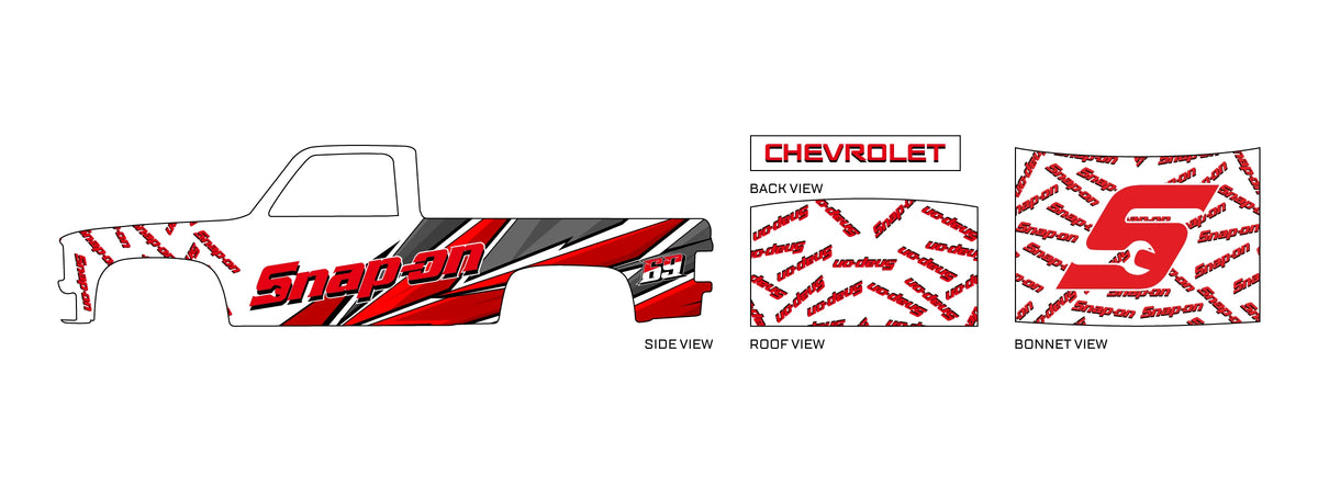 Snap on 02 placement preview for a 1:64 83 Chevy Silverado, with red Snap-on lettering,
grey-black diagonal stripes, number 83 and repeated small logos on white.
