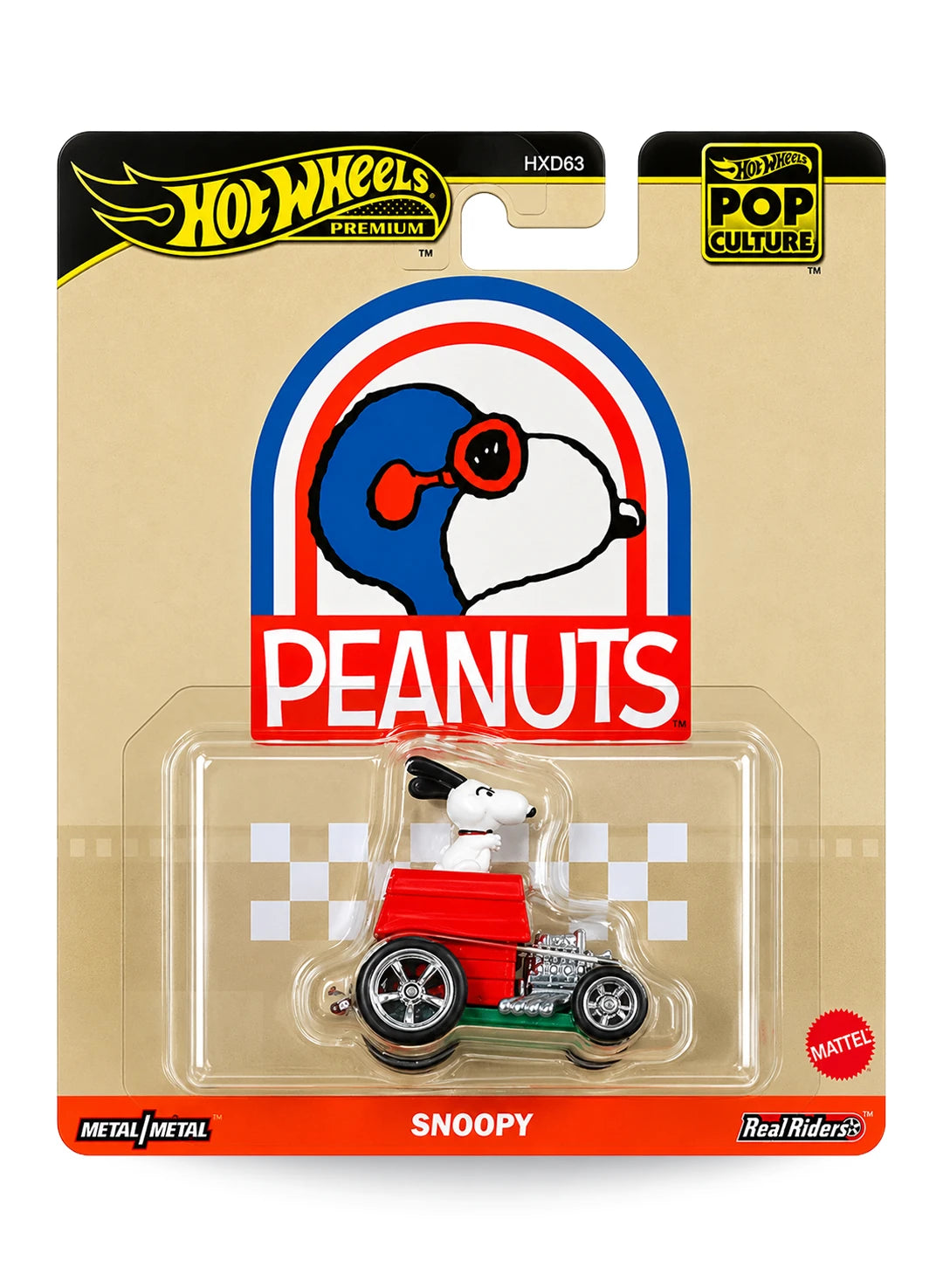 Hot Wheels Premium Pop Culture Peanuts Snoopy 1:64 scale premium diecast character car mint on its original tan card featuring a large circular Peanuts logo with Snoopy wearing aviator goggles.