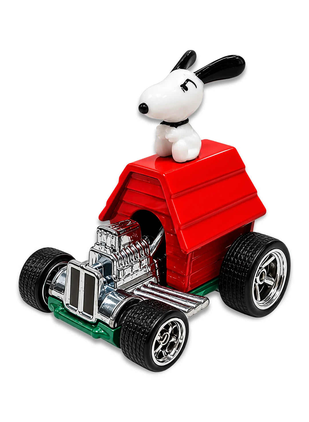 Close-up view of the Hot Wheels Peanuts Snoopy car showing a molded plastic Snoopy figure sitting on a bright red doghouse go-kart body with exposed chrome engine details and five-spoke Real Riders wheels.