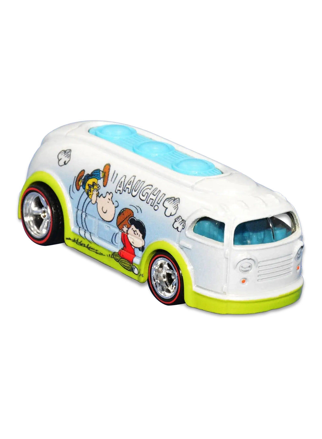 Close-up view of the white Hot Wheels Charlie Brown and Lucy Soda Popper van showing side football kicking graphics and chrome Real Riders wheels.