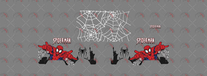 Spiderman 01 decal sheet for a 1:64 Kool Kombi, showing mirrored superhero side scenes,
black spider emblems, city silhouettes and a large white web panel.