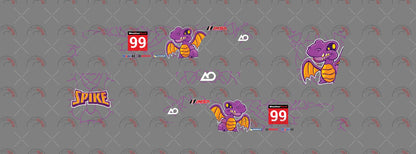 Spike 01 decal sheet for a 1:64 Porsche 911 GT3 RS, showing cracked-scale patterns, winged dragon
characters, red 99 blocks and yellow SPIKE lettering.