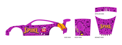Spike 02 placement preview for a 1:64 Porsche 911 GT3 RS, with purple spots, yellow SPIKE text,
number 99, a dragon roof head and wing artwork.