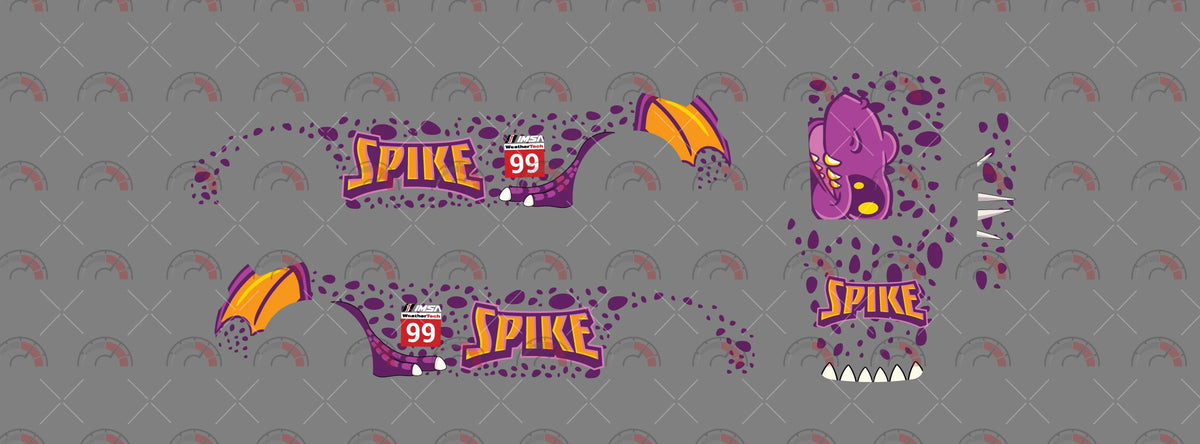 Spike 02 decal sheet for a 1:64 Porsche 911 GT3 RS, showing purple dragon spots, yellow wings,
SPIKE wordmarks, red 99 panels and white spikes.