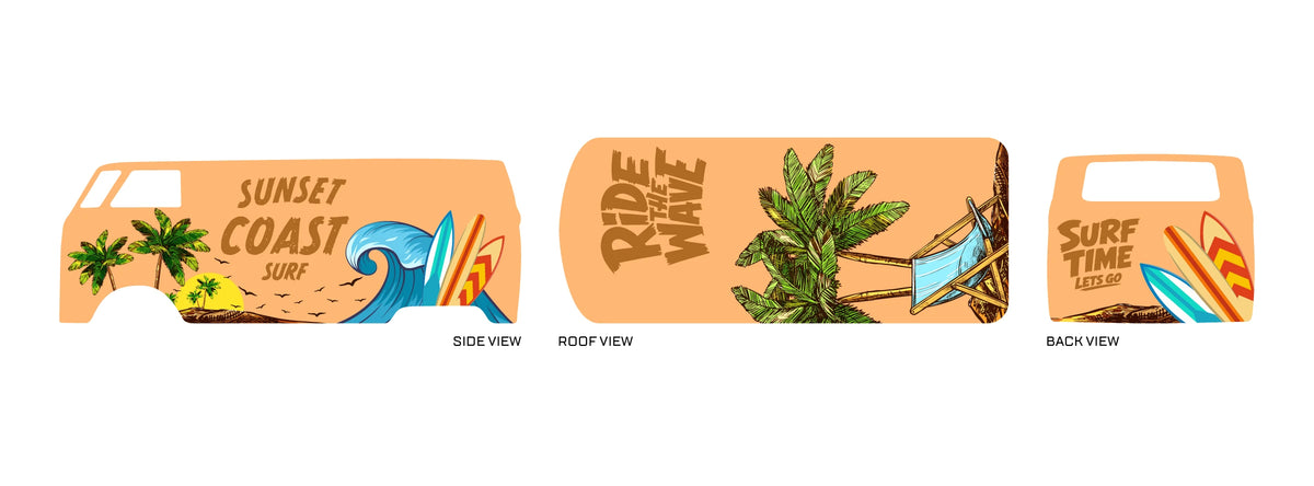 Sunset Coast Surf 01 placement preview for a 1:64 VW Panel Bus, with peach panels, blue waves,
palms, surfboards and RIDE THE WAVE roof text.
