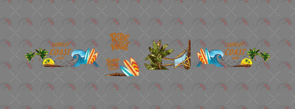 Sunset Coast Surf 01 decal sheet for a 1:64 VW Panel Bus, showing blue waves, green palms, colorful
surfboards, surf lettering and a deck chair.
