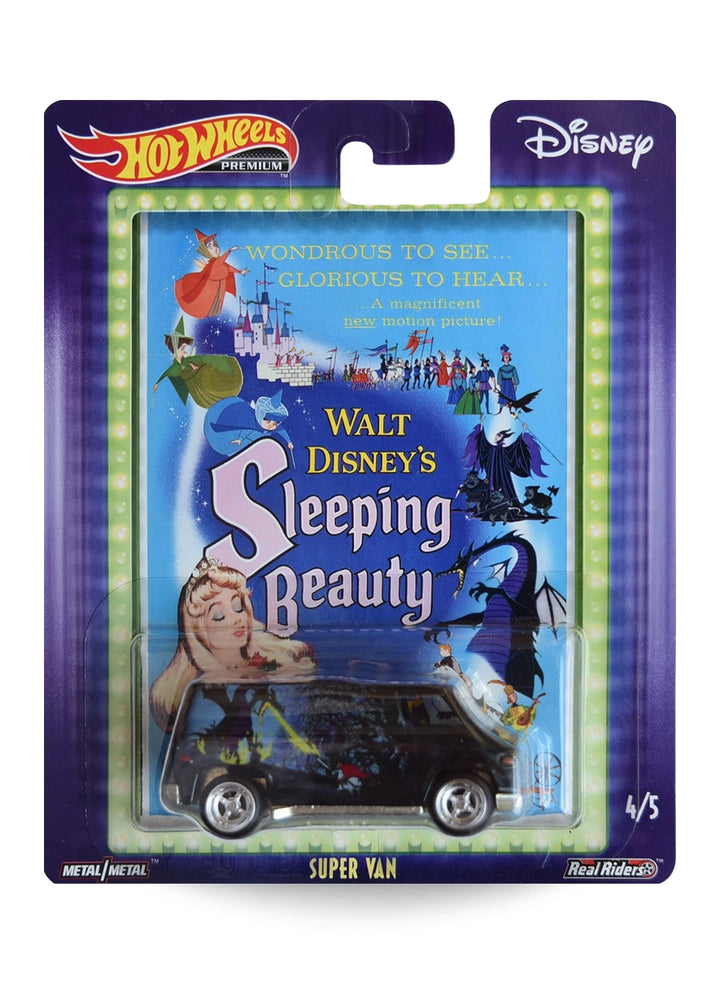 Hot Wheels Pop Culture Disney Sleeping Beauty Super Van 1:64 scale premium diecast van mint on retro theater marquee blister card.