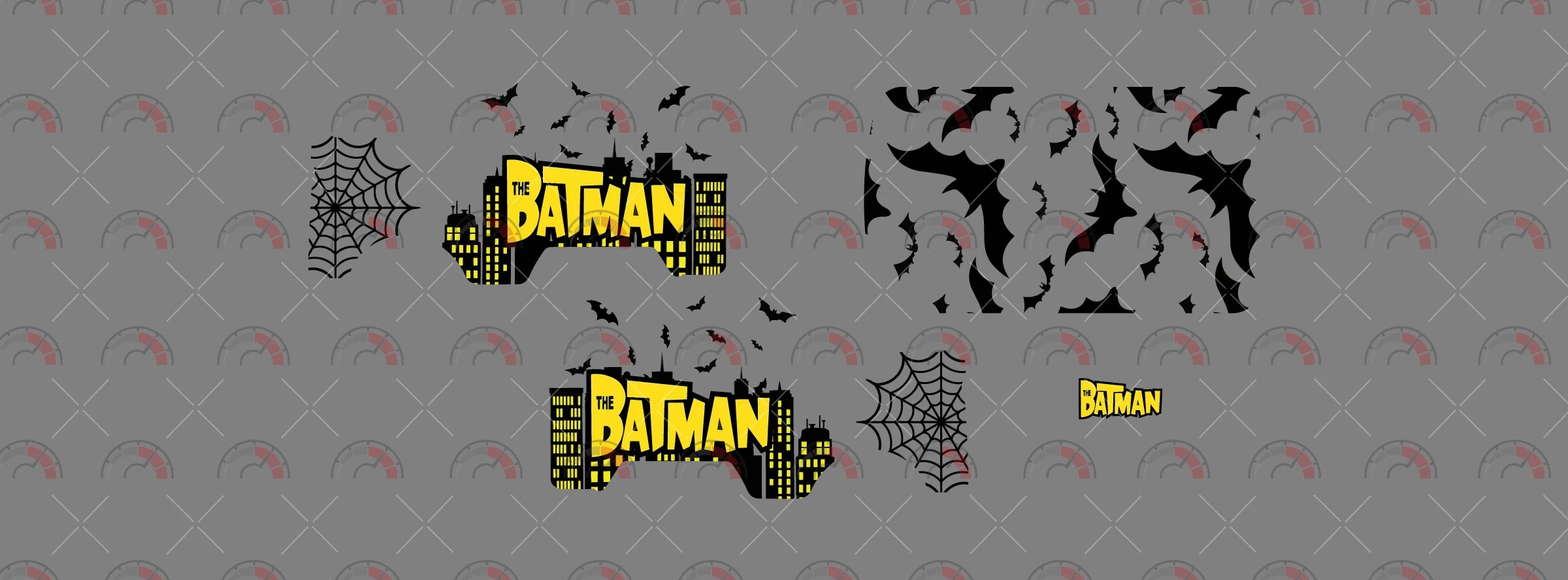 The Batman 01 decal sheet for a 1:64 Kool Kombi, showing paired skyline-and-title side
scenes, black bat silhouettes, web graphics and separate lettering.
