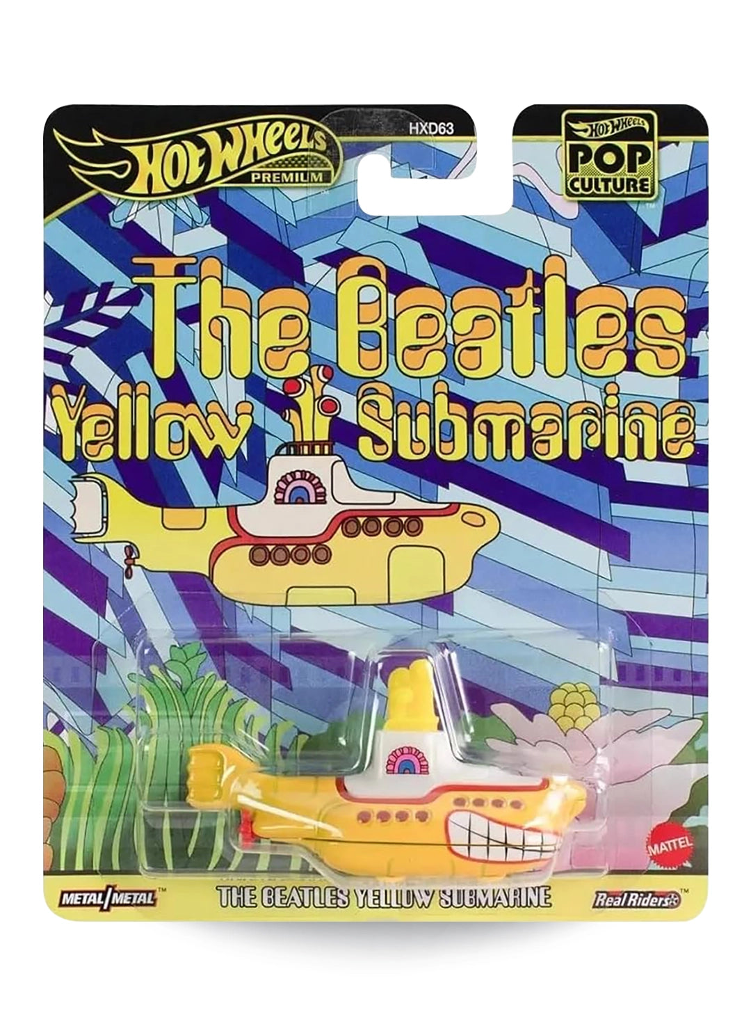 Hot Wheels Premium Pop Culture The Beatles Yellow Submarine premium diecast novelty vehicle mint on its original psychedelic animation themed blister card.