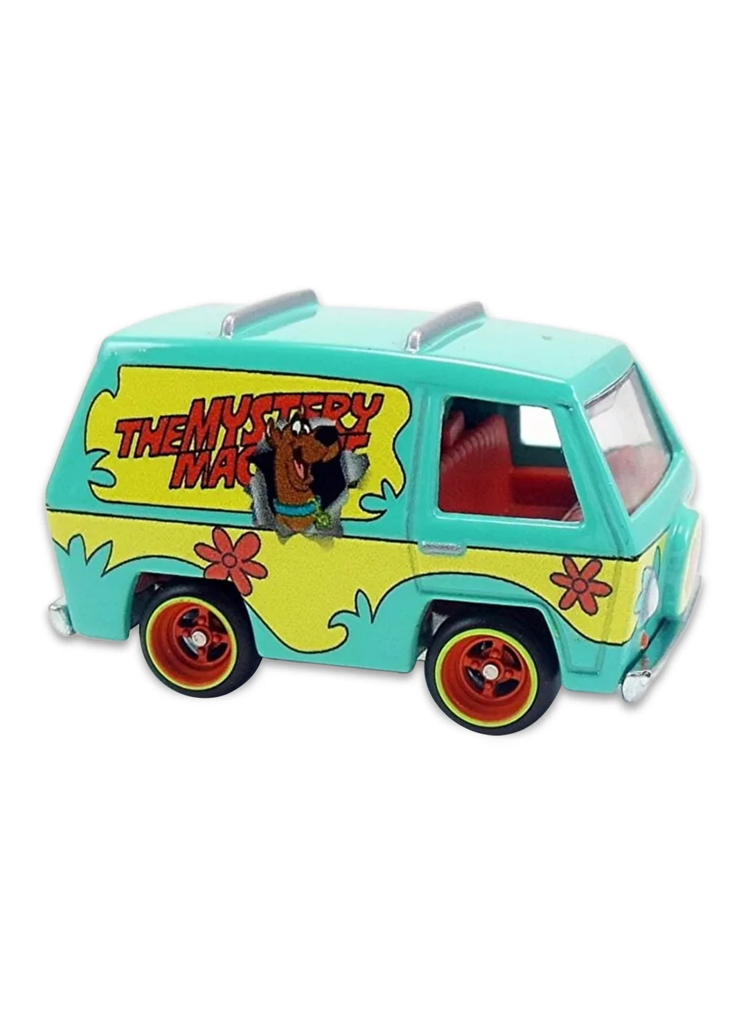 Close-up view of the iconic teal blue Hot Wheels The Mystery Machine van showing side flower graphics and orange-rimmed Real Riders wheels.