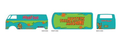 The Mystery Machine 06 placement preview for a 1:64 VW Panel Bus, with turquoise-green panels,
orange flowers, Scooby-Doo art and roof text.
