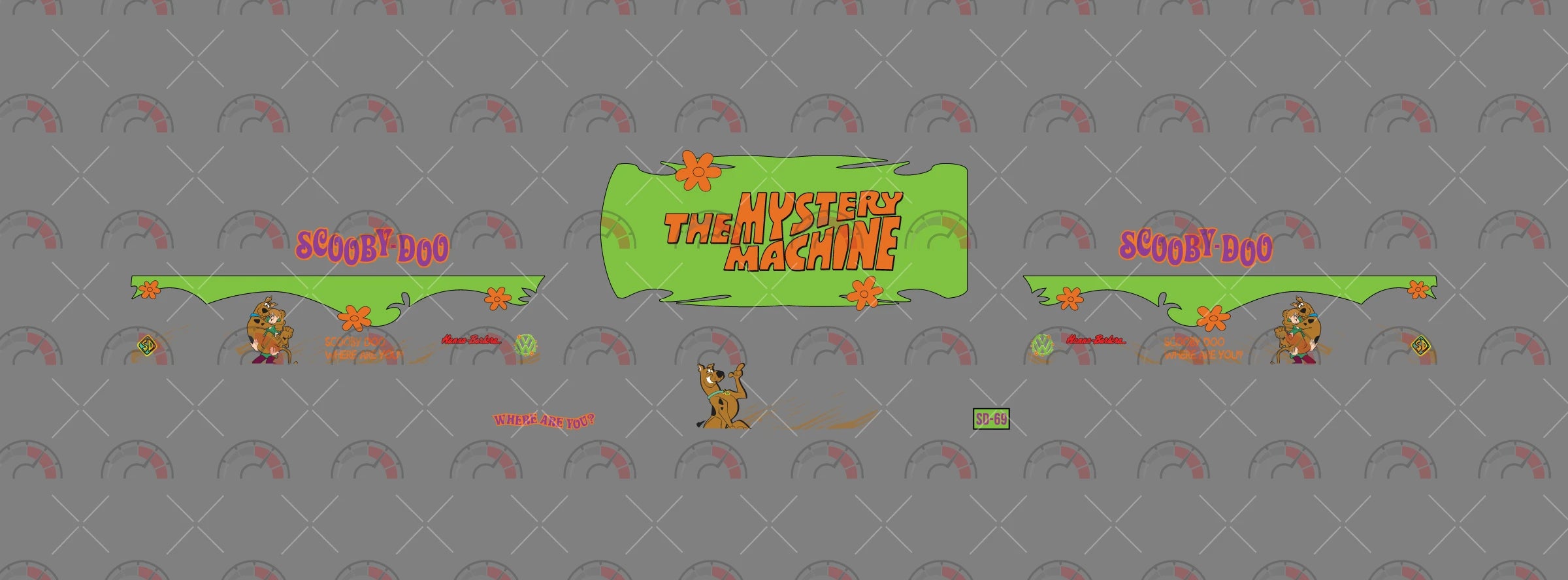 The Mystery Machine 06 decal sheet for a 1:64 VW Panel Bus, showing green flowered stripes,
Scooby-Doo characters and orange roof lettering