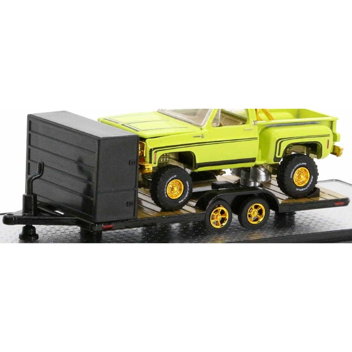 Two Axle Car Transport Trailer w/ Storage - Black/Green (Yellow Chrome Rims)