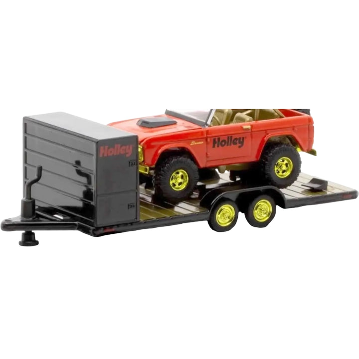 Two Axle Car Transport Trailer w/ Storage - Black/Grey (Yellow Chrome Rims, Green Trailer Bed)