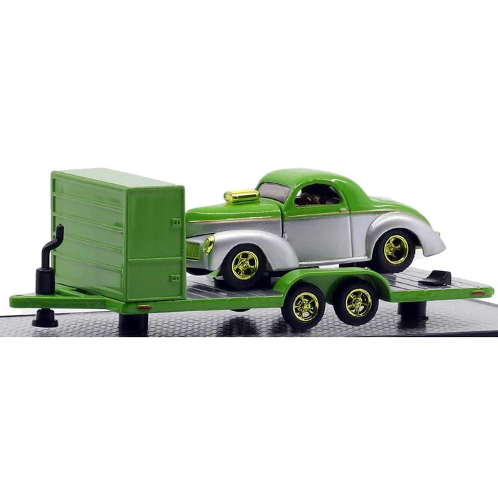 Two Axle Car Transport Trailer w/ Storage - Green (Yellow Chrome Rims)