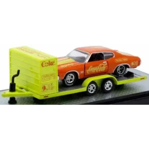 Two Axle Car Transport Trailer w/ Storage - Lime Green (Silver Chrome Rims)