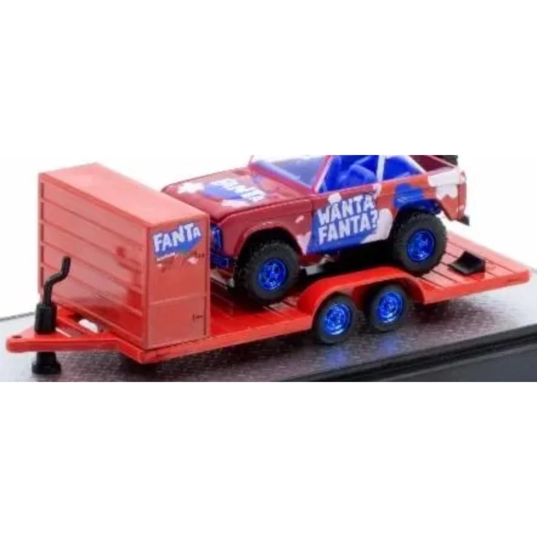 Two Axle Car Transport Trailer w/ Storage - Red (Fanta Livery, Blue Chrome Rims)