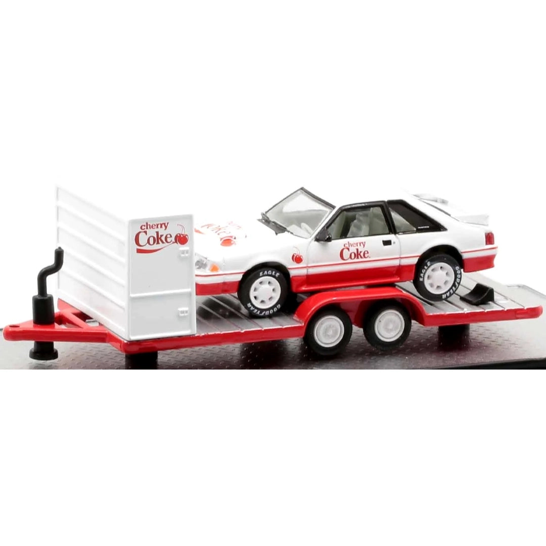 Two Axle Car Transport Trailer w/ Storage - White (Cherry Coke Livery, Red Trailer Bed, White Rims)