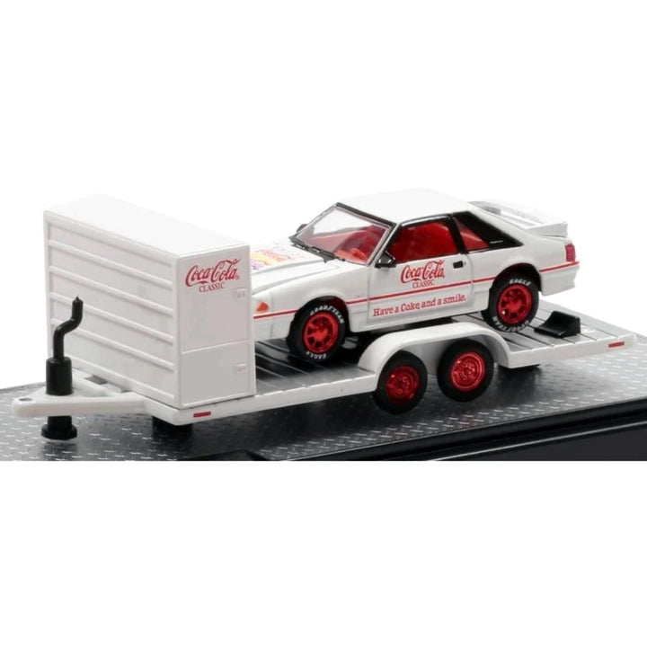 Two Axle Car Transport Trailer w/ Storage - White (Coca-Cola Livery, Red Rims)