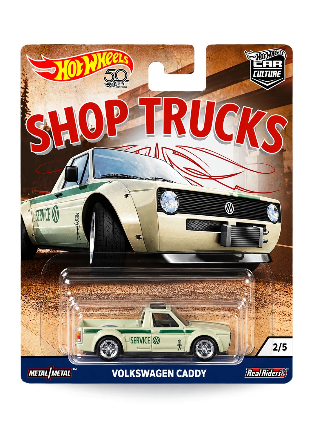 Hot Wheels Car Culture Shop Trucks Volkswagen Caddy 1:64 scale premium diecast car mint on its original highly collectible 2/5 variant blister card showcasing a classic beige finish and detailed Euro truck card art design.