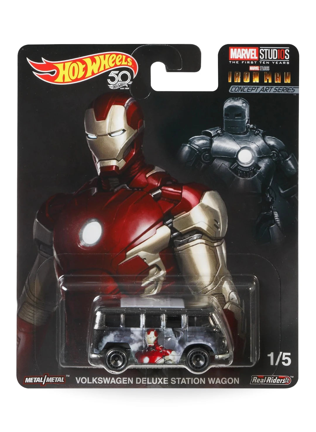 Hot Wheels Pop Culture Marvel Studios Iron Man Volkswagen Deluxe Station Wagon 1:64 scale premium diecast van mint on Concept Art Series blister card.