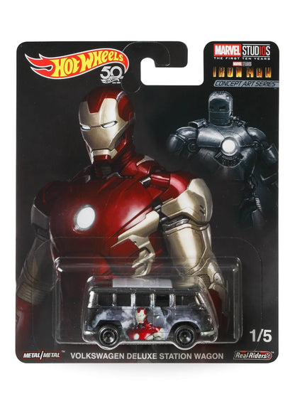 Hot Wheels Pop Culture Marvel Studios Iron Man Volkswagen Deluxe Station Wagon 1:64 scale premium diecast van mint on Concept Art Series blister card.