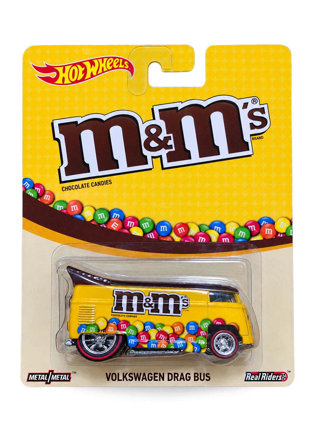 Hot Wheels Premium Pop Culture Mars Candy M&M's Volkswagen Drag Bus 1:64 scale diecast van mint on its original yellow quilted blister card.