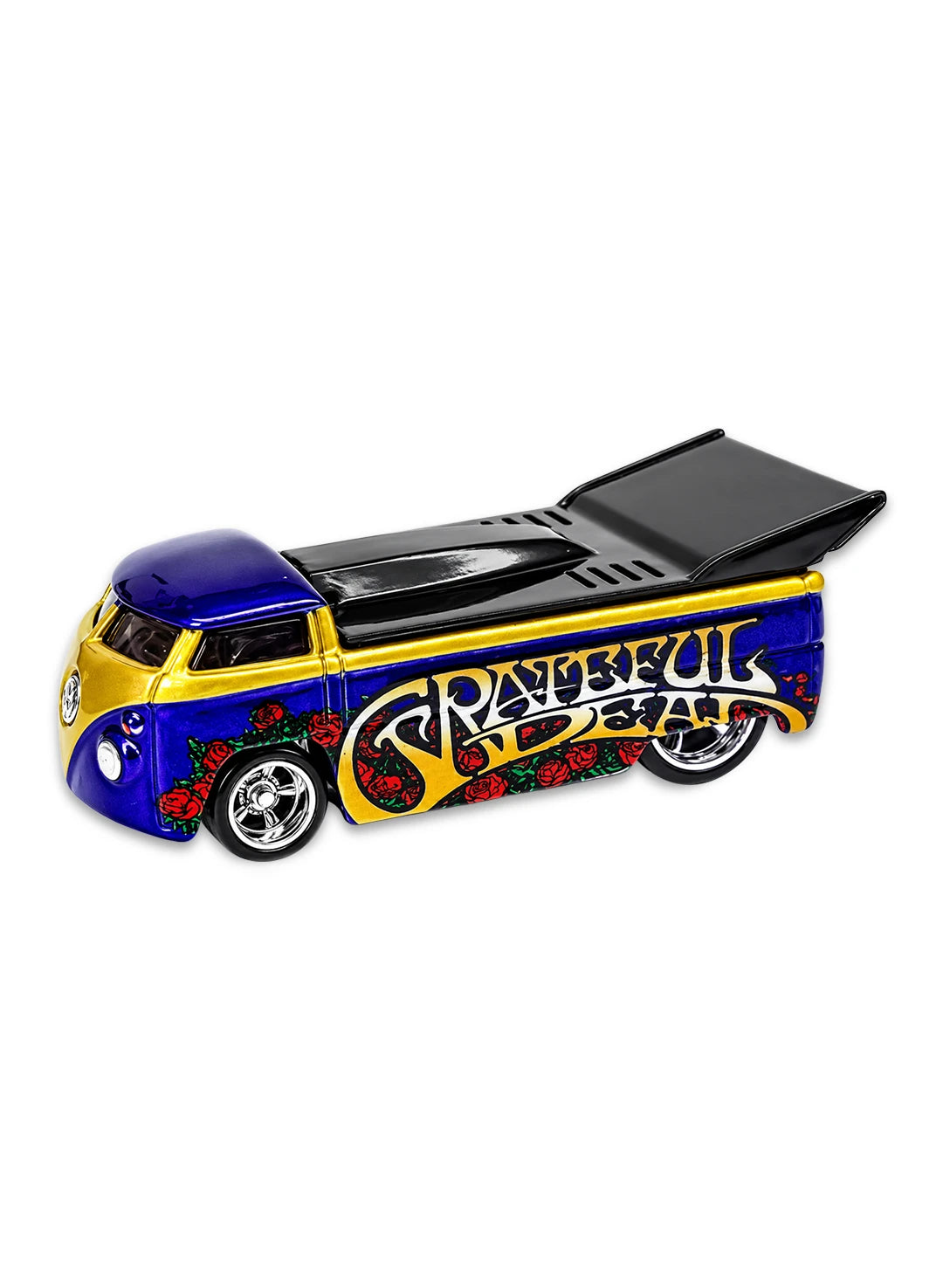 Close-up view of the blue and gold Hot Wheels Grateful Dead Volkswagen Drag Truck showing side rose graphics and redline Real Riders wheels.