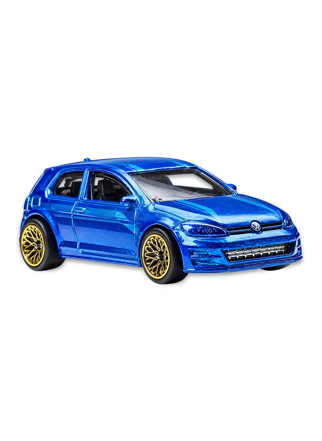 Close-up view of the metallic blue Hot Wheels Volkswagen Golf MK7 hatchback showing clean factory body lines, detailed headlamps, and bright gold mesh-style Real Riders wheels.