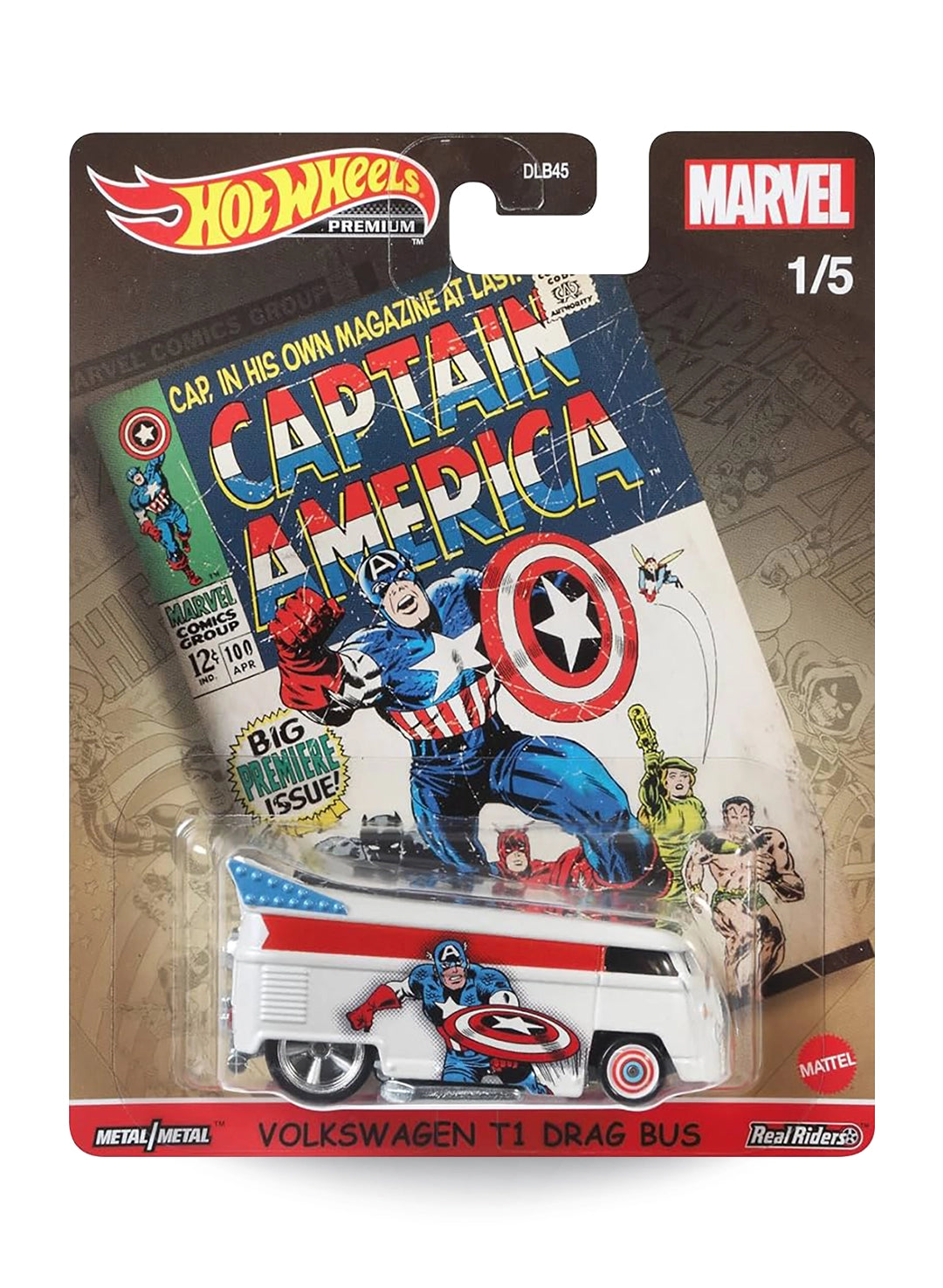 Hot Wheels Pop Culture Marvel Captain America Volkswagen T1 Drag Bus 1:64 scale premium diecast van mint on its original retro comic cover card.