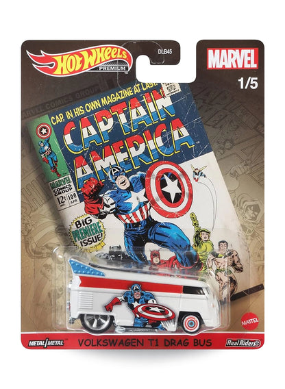 Hot Wheels Pop Culture Marvel Captain America Volkswagen T1 Drag Bus 1:64 scale premium diecast van mint on its original retro comic cover card.