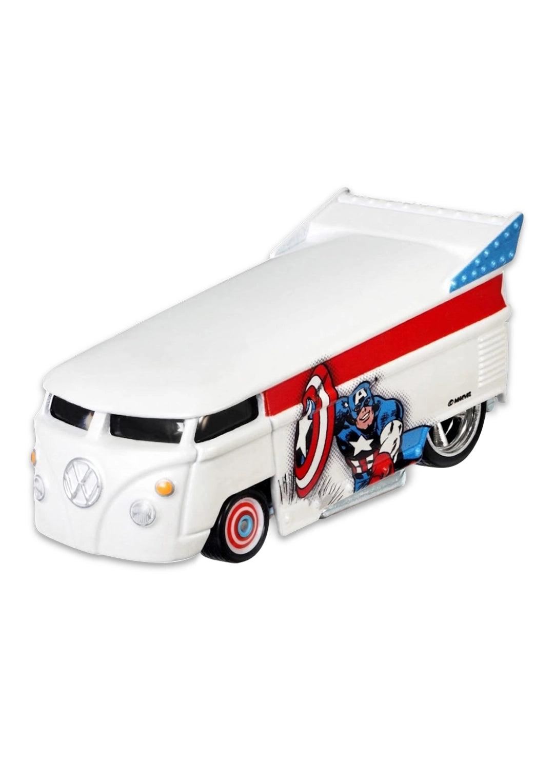 Close-up view of the white Hot Wheels Captain America Volkswagen T1 Drag Bus showing red side stripes and red-rimmed front wheels.