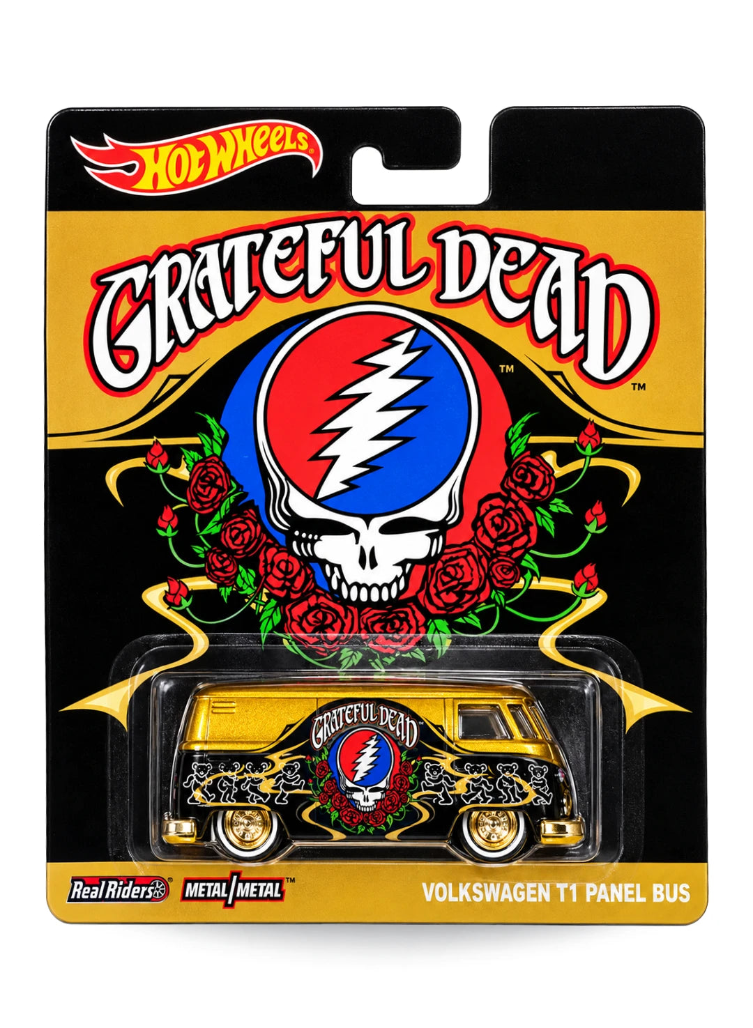 Close-up view of the metalflake green Hot Wheels Grateful Dead Dream Van XGW Panel showing side dancing bears graphics and redline Real Riders wheels.
