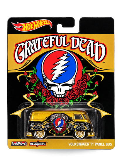 Close-up view of the metalflake green Hot Wheels Grateful Dead Dream Van XGW Panel showing side dancing bears graphics and redline Real Riders wheels.