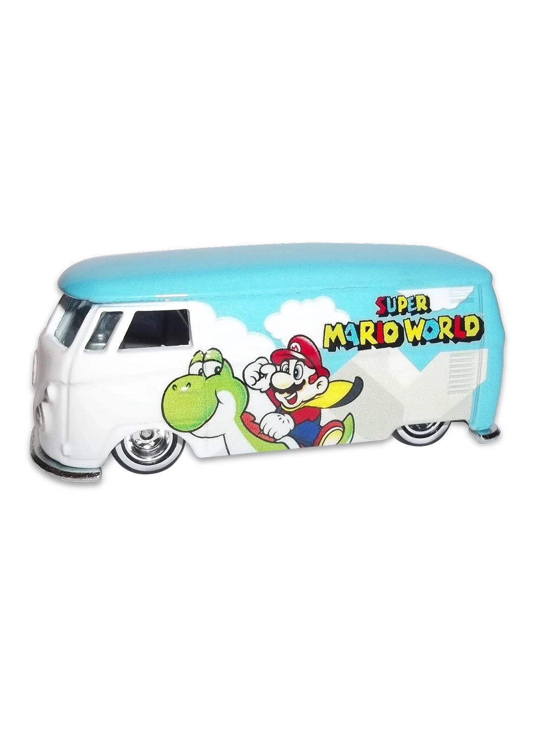 Close-up view of the white and light blue Hot Wheels Super Mario World Volkswagen T1 Panel Bus showing side cape graphics and chrome Real Riders wheels.