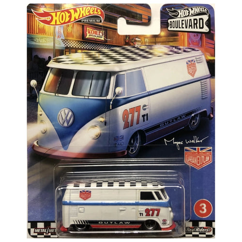Hot Wheels 1:64 Volkswagen T1 Panel Bus White with Blue Stripes & Urban Outlaw Livery